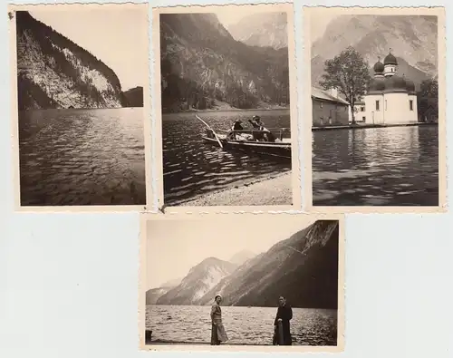 (F18396) 4x Orig. Foto Königssee, Boot, St. Bartholomä u.a. 1935