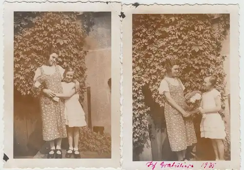 (F18123) 2x Orig. Foto Mädchen gratuliert junger Frau 1935