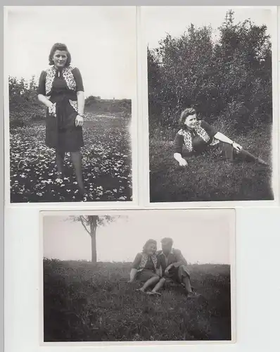 (F16518) 3x Orig. Foto Paar, Dame auf der Wiese 1948