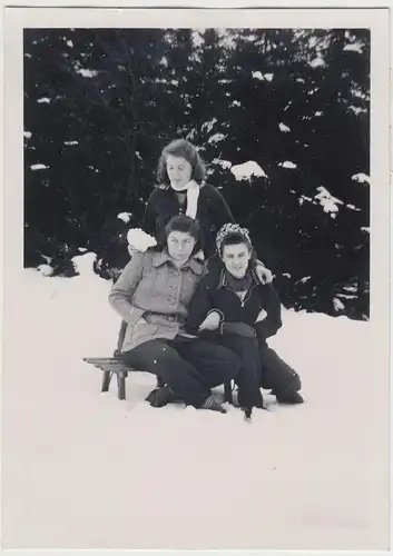 (F16454) Orig. Foto Damen sitzen auf Schlitten, Winter 1940er