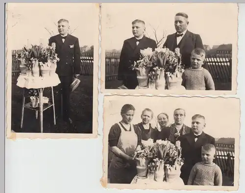 (F15824) 3x Orig. Foto Konfirmation, Junge am Blumentisch 1939