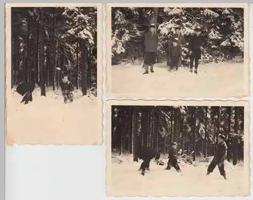 (F15806) 3x Orig. Foto Kinder spielen im Winterwald bei Chemnitz 1938