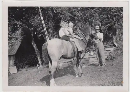 (F15697) Orig. Foto 3 kleine Kinder auf einem Pferd 1940er
