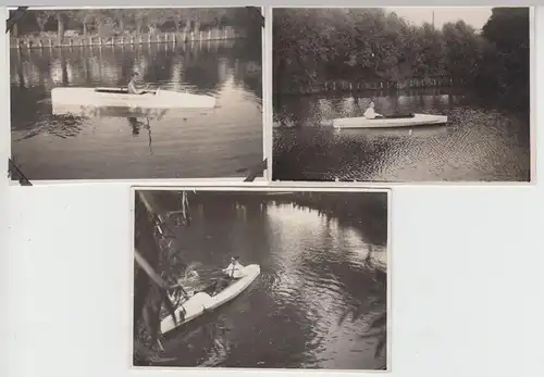 (F14906) 2x Orig. Foto Männer mit Paddelboot Möwe im Teich 1929