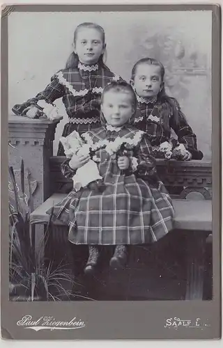 (F14514) Orig. Kabinettfoto 3 Mädchen in Karo-Kleidern, Saalfeld 1900/10er