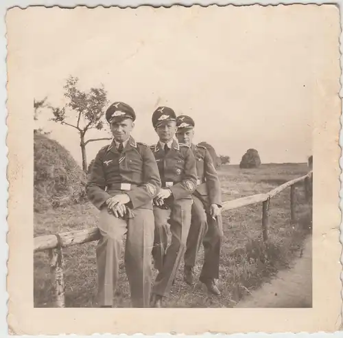 (F13458) Orig. Foto Luftwaffe-Soldaten sitzen auf einem Holzgeländer 1940er