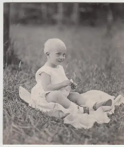 (F13376) Orig. Foto Kleinkind sitzt auf Wiese 1929