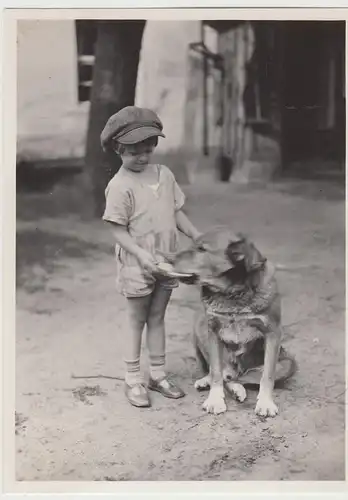(F13326) Orig. Foto Kind Ursula mit Hund a.d. Hof i. Landsberg / Warthe 1929
