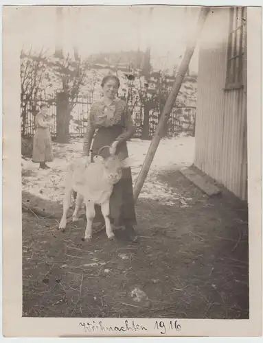 (F12750) Orig. Foto Frau mit Kälbchen am Gebäude 1916