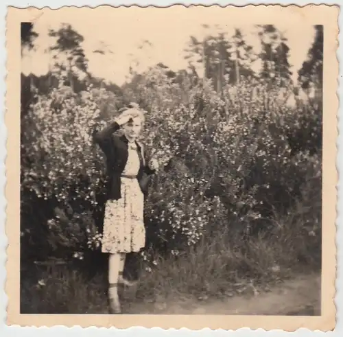 (F12011) Orig. Foto junge Frau a. Halberstadt vor Sträuchern 1950er