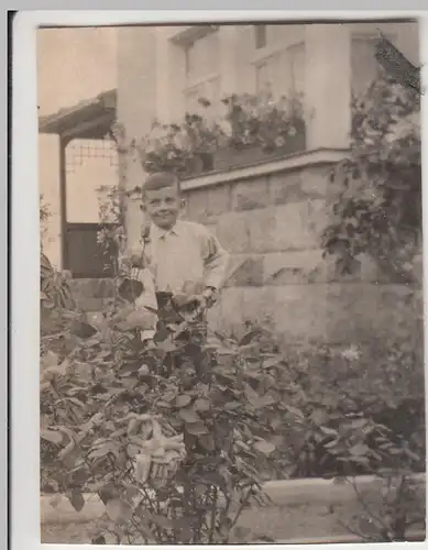 (F11547) Orig. Foto kleiner Junge arbeitet im Garten am Haus 1930er