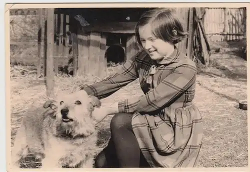 (F10804) Orig. Foto kleines Mädchen Bärbel mit Hund im Freien, DDR 1961