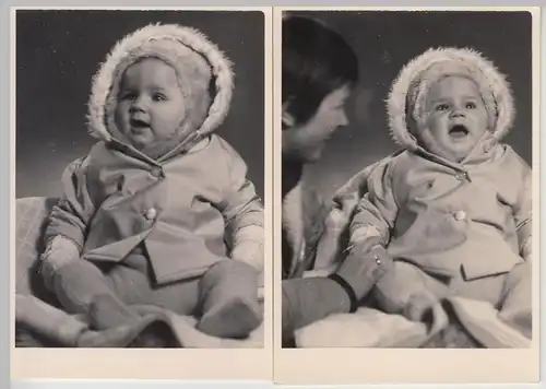 (F10754) 2x Orig. Foto Porträt eines Kleinkindes m. Fellmütze, Zwenkau 1960er