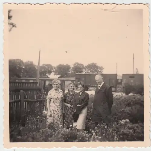 (F10749) Orig. Foto Zinkwitz, Personen im Garten, Güterwagen im Hintergrund 1950