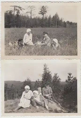 (F10248) 2x Orig. Foto Personen sitzen auf Wiese, Wanderung 1930er