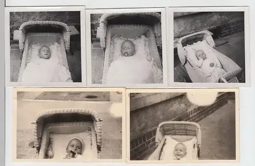 (F10194) 6x Orig. Foto Kleinkind liegt im Korb-Kinderwagen, vor 1945
