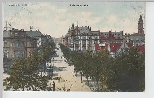 (99856) AK Zwickau, Sachsen, Bahnhofstraße, Straßenbahn 1913