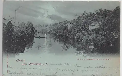 (115484) AK Gruss aus Zwickau, Blick von der Paradiesbrücke, Mondschein 1899