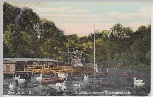 (114003) AK Zwickau, Schwanenteich, Gondelstation, um 1908