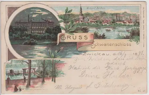 (113804) Künstler AK Gruß vom Schwanenschloss Zwickau, Gondelhafen 1898