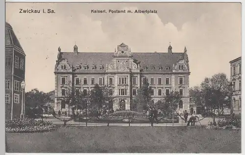 (104796) AK Zwickau i.Sa., Kaiserl. Postamt mit Albertplatz, 1914