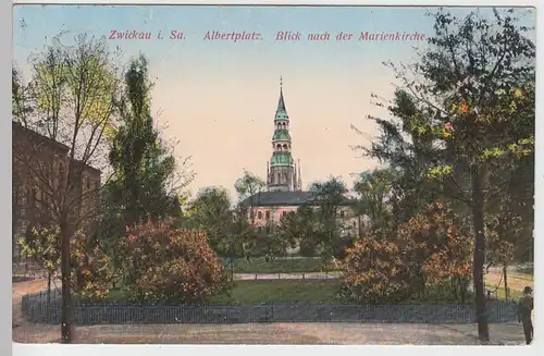 (103131) AK Zwickau, Albertplatz, Blick nach der Marienkirche, 1914