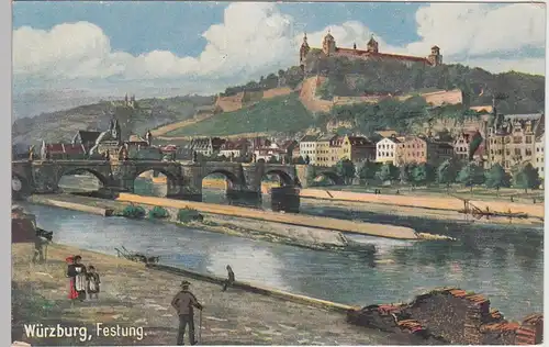 (95085) Künstler AK Würzburg, Alte Mainbrücke, Festung, vor 1945