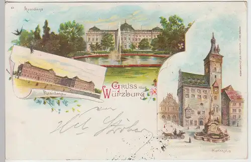(91286) AK Gruss aus Würzburg, Residenz u. Rathaus, Litho 1898