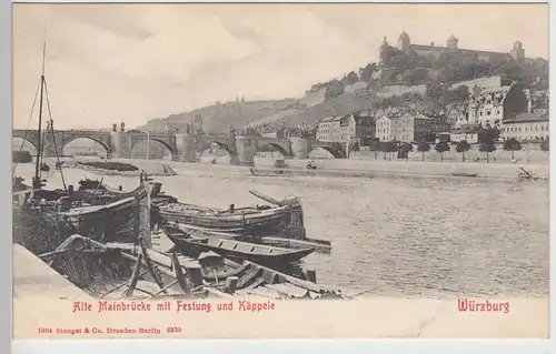 (107542) AK Würzburg, Alte Mainbrücke mit Festung und Käppele, 1904