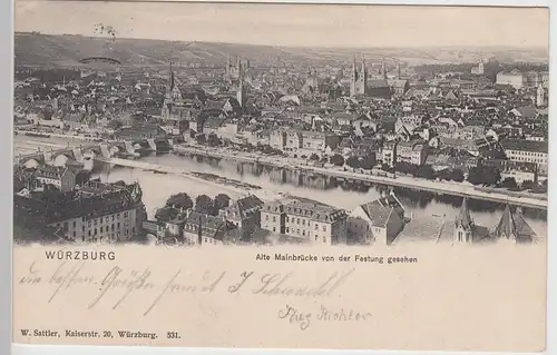 (107536) AK Würzburg, Alte Mainbrücke von der Festung gesehen, 1908