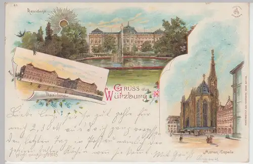 (107534) AK Gruss aus Würzburg, Residenz, Marien-Capelle, Litho 1899