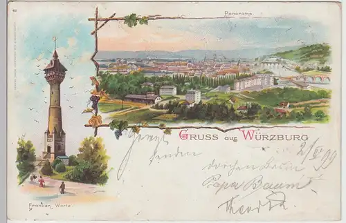 (105682) AK Gruss aus Würzburg, Panorama u. Franken Warte, Litho 1899