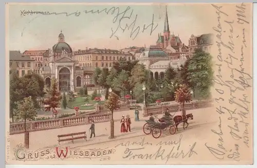 (94828) AK Gruss aus Wiesbaden, Kochbrunnen, Litho, Bahnpost 1902