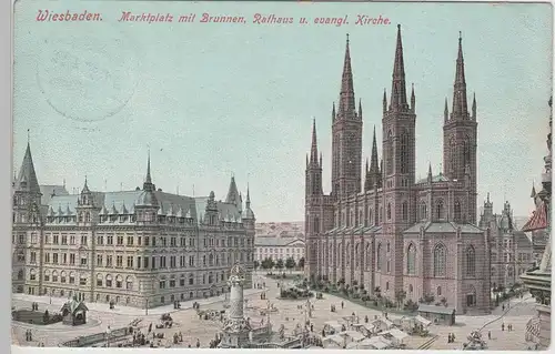 (78276) AK Wiesbaden, Marktplatz m. Brunnen, Rathaus u. Kirche, 1907