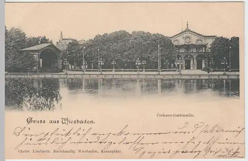 (62765) AK Gruss aus Wiesbaden, Curhaus Gartenseite 1902