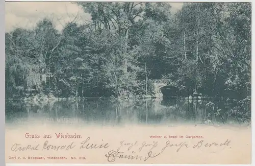 (51724) AK Gruss aus Wiesbaden, Weiher u. Insel im Curgarten, 1902