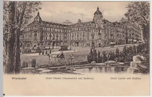 (43083) AK Wiesbaden, Hotel Nassau, Hotel Cecilie, Badhaus, um 1905
