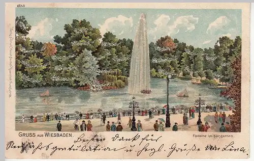 (114275) AK Gruss aus Wiesbaden, Fontaine im Kurgarten, Glitzer-Litho 1901