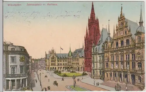 (114059) AK Wiesbaden, Schlossplatz, Rathaus, Kirche 1911