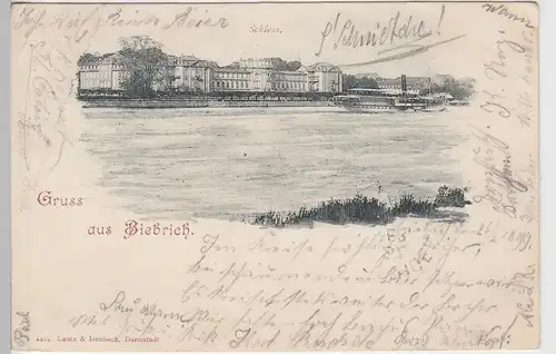 (108839) AK Gruß aus Biebrich, Wiesbaden, Schloss, Raddampfer 1899