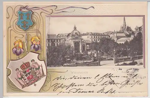 (108823) AK Wiesbaden, Kochbrunnen, Wappen, Prägekarte 1901