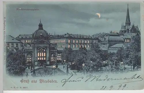 (104599) AK Wiesbaden, Kochbrunnenplatz, Mondschein- u. Halt gegen das Licht Kar