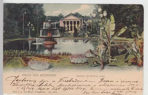 (101557) AK Gruss aus Wiesbaden, Curhaus mit Bowling Green, 1902