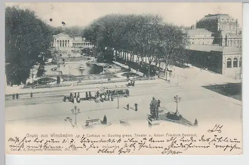 (100345) AK Gruß aus Wiesbaden, Kaiser Friedrich Denkmal, Kurhaus, Straßenbahn 1