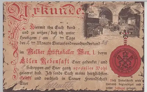 (108669) AK Wien, Melker Stiftskeller, Urkunde z. Leerung e. Schoppens 1928