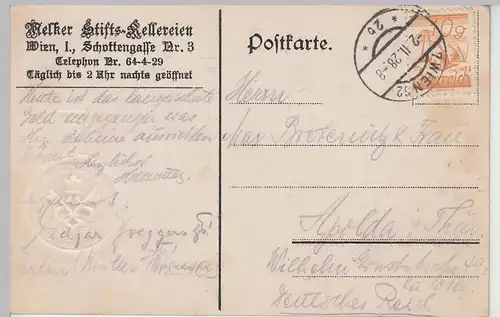 (108669) AK Wien, Melker Stiftskeller, Urkunde z. Leerung e. Schoppens 1928