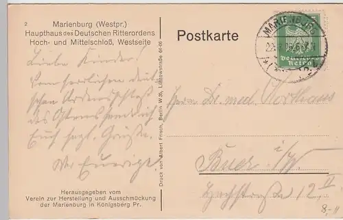 (91653) AK Marienburg, Malbork, Hoch- u. Mittelschloss, 1926