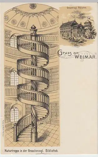 (34665) AK Gruss aus Weimar, Großherzogl. Bibliothek, Treppe, Litho vor 1945