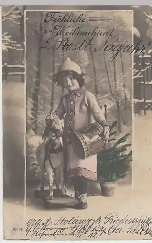 (36686) Foto AK Weihnachten, Mädchen m. Spielzeugpferd u. Trommel, 1915