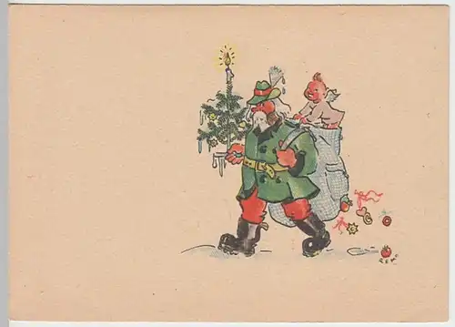 (25712) Künstler AK Weihnachten, Förster, Englein, Tannebaum, n. 1945